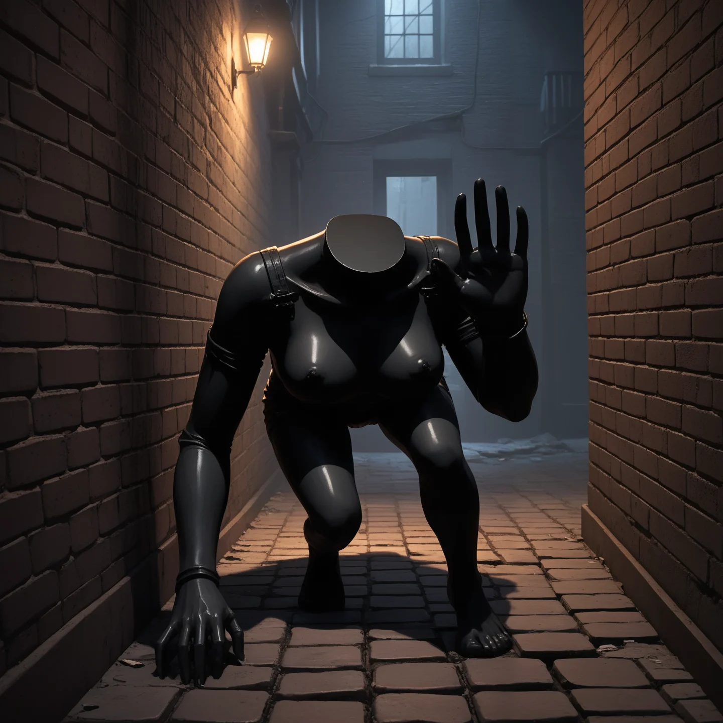 headless,detached,realistic,(crouching to one side :1.2),one hand on floor,scary jumpscare close up,eerie atmosphere, grunch, dark themed, Whispering darkness, moonless night, city streets eerily silent, massive footsteps echoing through alleys, girl's frightened heart pounding, hiding behind crumbling brick walls, eyes fixed on the looming silhouette, searching for her, danger lurking around every corner, desperation fueled by fear.