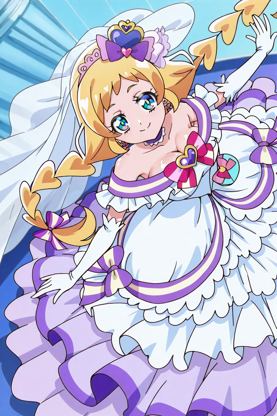 shiny skin, posing,
<lora:wonpri.il:0.8>,
wonpri,
curefriendy,  
huge breasts,
(alternative costume, wedding dress, frill, lace, see-through:1.5),
dynamic angle, dynamic pose, seductive smile, suggestive pose,