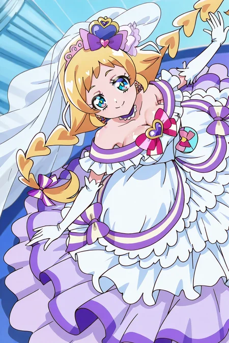 shiny skin, posing,
<lora:wonpri.il:0.8>,
wonpri,
curefriendy,  
huge breasts,
(alternative costume, wedding dress, frill, lace, see-through:1.5),
dynamic angle, dynamic pose, seductive smile, suggestive pose,
