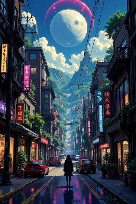 a cyberpunk futuristic street beautiful  landscape, morning, woman, very intricate, very detailed, sharp, bright, colorful, <lora:Hand v2:0.5> <lora:Anti-Blur:1><lora:Insane Detail Slider:0.25>  <lora:flux.1_lora_flyway_Epic-detail_v2:0.3> <lora:fluxenhancer:0.25> <lora:Anime_style:0.6> anime style