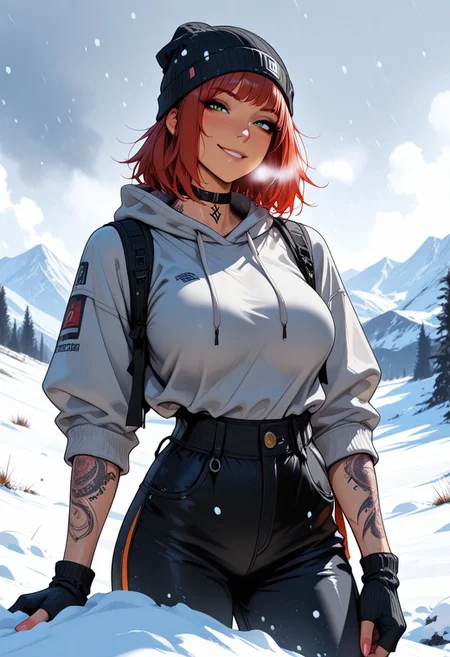 highres, very detailed, amazing quality, masterpiece,
very aesthetic,
glitter, particle effect,
1girl, solo, tan skin, toned arms, Covered in Tattoos, tattoo, arm tattoos, neck tattoos, chest tattoos, hoodie, beanie, large breasts, choker, knit gloves, visible shoulders, sleeves rolled up, forearms visible,
seducing, seductive, flirty, tender, loving, playful, looking at viewer, smirk, posing, playing in the snow, snowball,
Hiking on a mountain, snowing, Cloudy Sky,