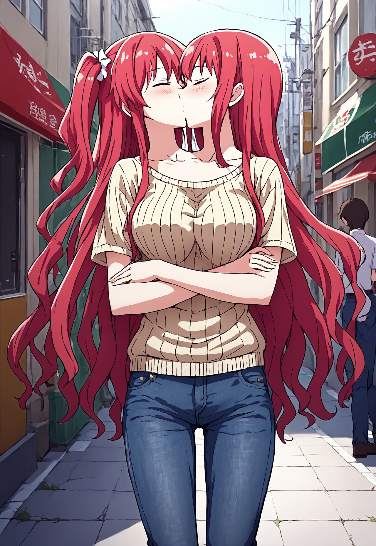 8K, HD,<lora: Two_heads_XL_anime_trained_edition_for_pony:1.1>, Japan anime, two heads, BREAK female, random color hair, (very long hair, one side up, two sides up, wave hair), thick hair, 2 different hairstyles, 2 different colors of wear separate from the middle, anime, BREAK female, 2 random color Striped t-shirt, Lightweight cardigan, Skinny jeans, V-neck sweater, look at each other, face to face, kissing, eyes closed, hugging, hug, lady, girl, outdoor street background, sun, walking on the street