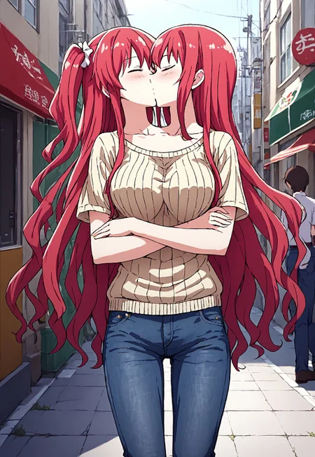 8K, HD,<lora: Two_heads_XL_anime_trained_edition_for_pony:1.1>, Japan anime, two heads, BREAK female, random color hair, (very long hair, one side up, two sides up, wave hair), thick hair, 2 different hairstyles, 2 different colors of wear separate from the middle, anime, BREAK female, 2 random color Striped t-shirt, Lightweight cardigan, Skinny jeans, V-neck sweater, look at each other, face to face, kissing, eyes closed, hugging, hug, lady, girl, outdoor street background, sun, walking on the street