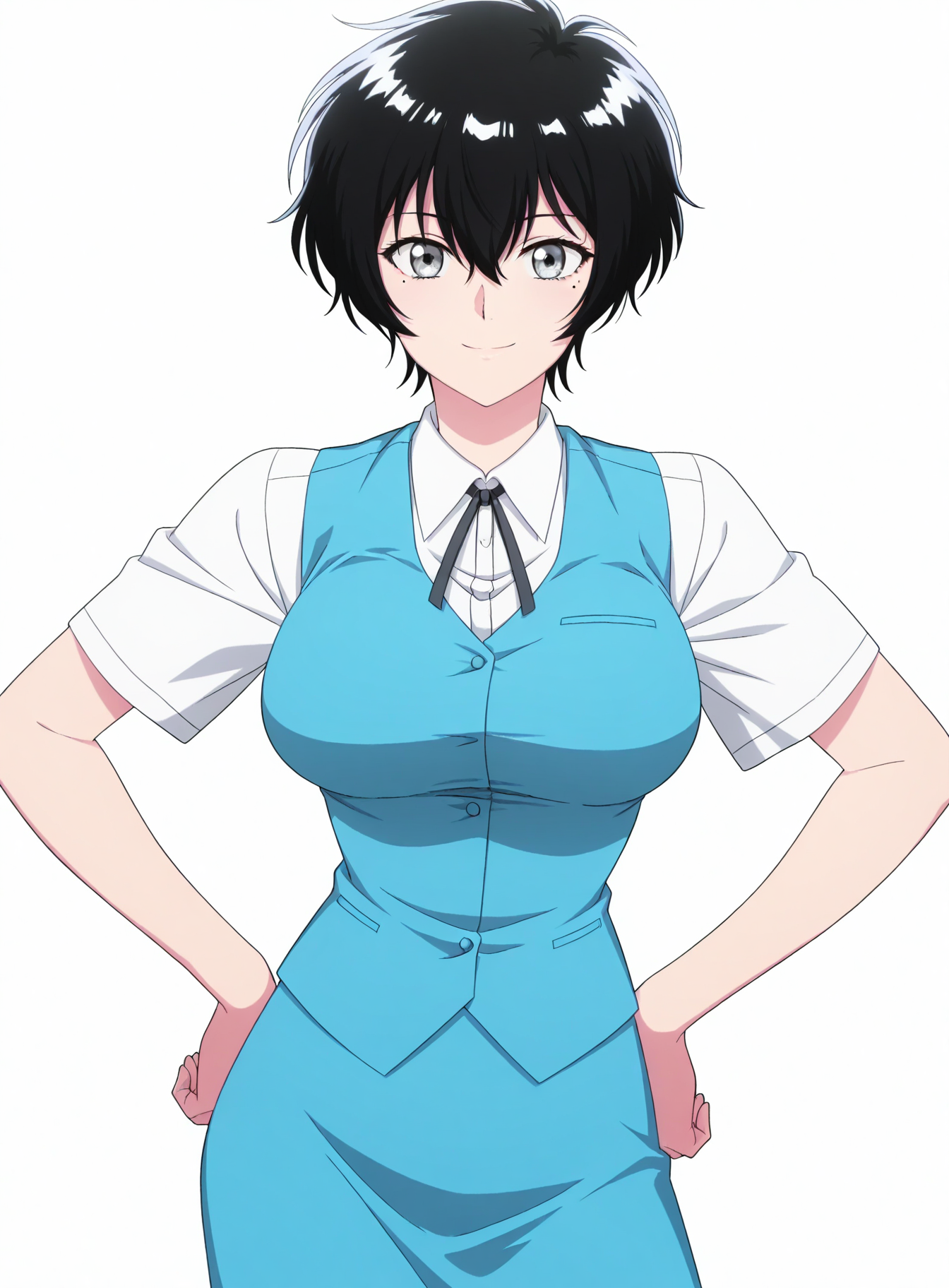 masterpiece, best quality,  absurdres, highres, cinematic light, 1girl,  <lora:kujirai_reiko:1> kujirai_wz, very short hair, black hair,  hair between eyes, mole under eye, grey eyes, large breasts, white shirt, collared shirt, black ribbon, neck ribbon, short sleeves, blue vest, light blue skirt,  <lora:anime_screencap-Illustrious:1> anime screencap, anime coloring, anime screenshot, standing, looking at viewer, smile, hands on own hip, contrapposto, cowboy shot, simple background, white background,