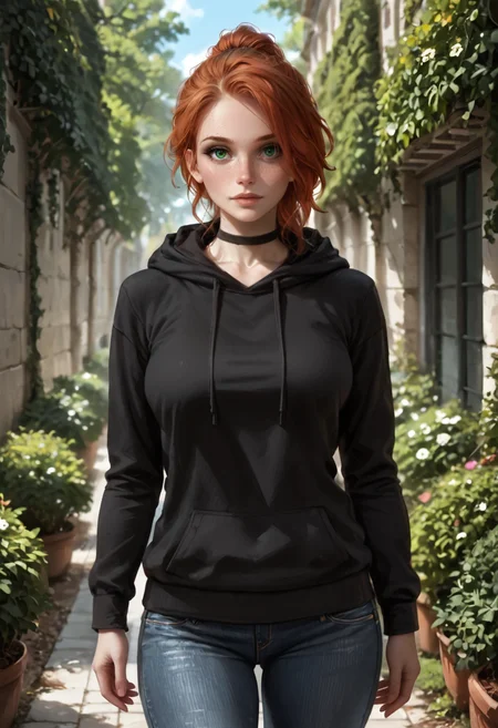 safe_pos, PonyScores7 BREAK [white|Asian], [Susan|Laura|Jane|Nadine], 1girl, 30 year old, fit, woman, short auburn ponytail, freckles, green eyes, black eyeliner, philtrum, beautiful eyelashes, (saggy), medium breasts BREAK walking BREAK relaxed, Expressiveh BREAK black choker, hoodie, jeans BREAK garden, sundown BREAK photorealistic, realistic, portrait, intricate details, detailed face, detailed eyes, realistic skin, detailed hair, natural lighting BREAK CalmFD, Stable_Yogis_PDXL_Positives, <lora:abs slider_last:0.1>, <lora:breasts_size_slider_pdxl_goofy:1>, <lora:Calmlike_V3:1>, <lora:Expressive_H:0.75>, <lora:Super_Multi_Detailer_By_Stable_Yogi_A1:0.8>, <lora:Super_Skin_Detailer_By_Stable_Yogi_PD0_V1:0.8>