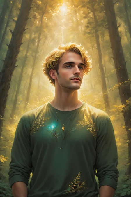 cosmic canvas, forest background, painting of a handsome man,clothing_male_top_, French crop, Metallic gold hair, surrounded by clouds, <lora:Cosmic_Canvas_SDXL:1>
