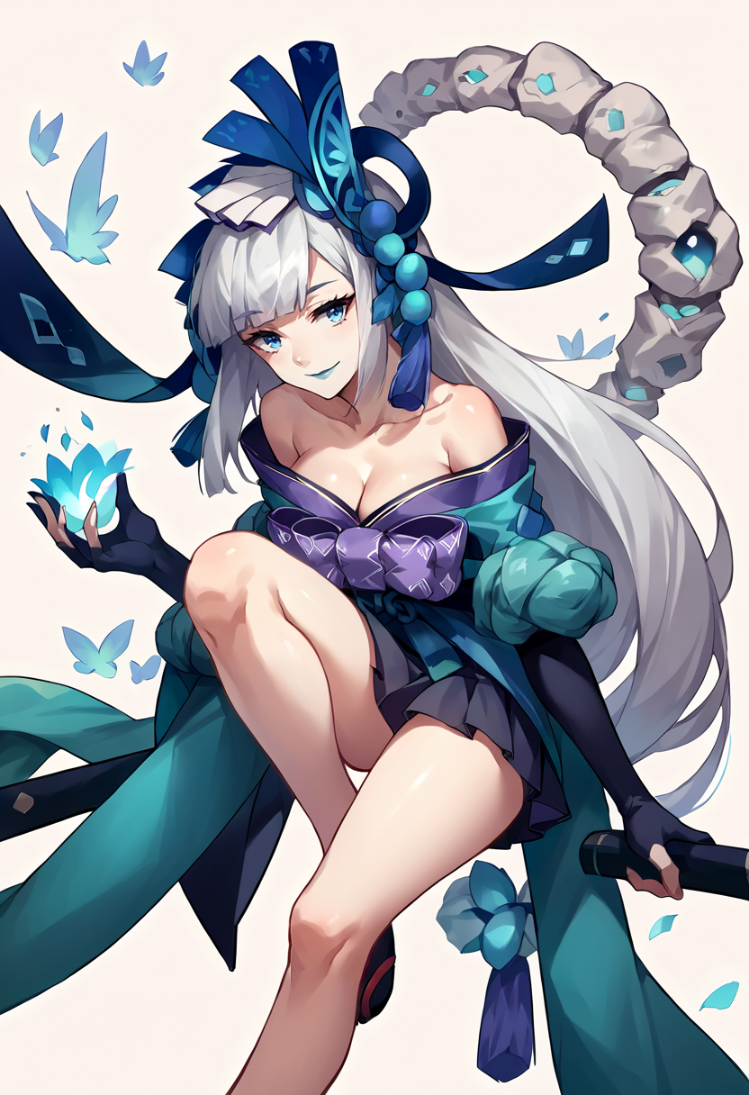 score_9, score_8_up, score_7_up, source_anime, 1girl, aoandon, hair ornament, blue lipstick, off-shoulder kimono, japanese clothes, cleavage, purple bow, black skirt, fingerless gloves, elbow gloves, white hair, long hair, blue eyes,  <lora:Aoandon-pdxl-1:1>, smile