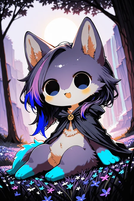 <lora:AscellaNadir_vpred 3.1:1> solo, furry, no human, anthro wolf, chibi, (fluffy, solid circle eyes, big eyes:1.25), purple body, purple hair, long hair, asymmetrical hair, cyan highlights, purple highlights, white countershading, multicolored hair, blue dipstick limbs, BREAK, [living plushie::0.5], ambient firefly, cloak, three-quarter view, open smile, sitting, dutch angle, forward arm support, BREAK, masterpiece, best quality, high quality, purple theme, [:by Cottontailtokki, by Saru:0.15], [:by Potg \(Piotegu\):0.55], blurred background, detailed foreground, sun light, depth of field, backlighting, fantasy, [:tree, grass:0.1], [monochrome:cliff, waterfall, flower field:0.25]