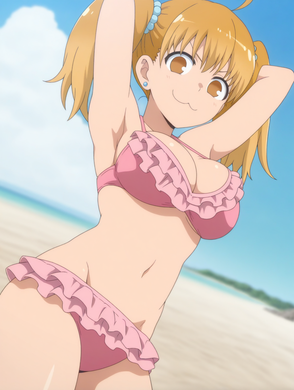 masterpiece, best quality, amazing quality, detailed, <lora:Yoshi_LW:0.8>, Yoshi_LW, anime screenshot, blonde hair, brown eyes, earrings, twintails, ahoge, 1girl, solo,
breasts, swimsuit, bikini, cleavage, armpits, frilled bikini, large breasts, frills, pink bikini, arms behind head, \:\3, 
beach, looking at viewer, smirk, depth of field, from below, thighs, navel, three quarter view, dutch angle,