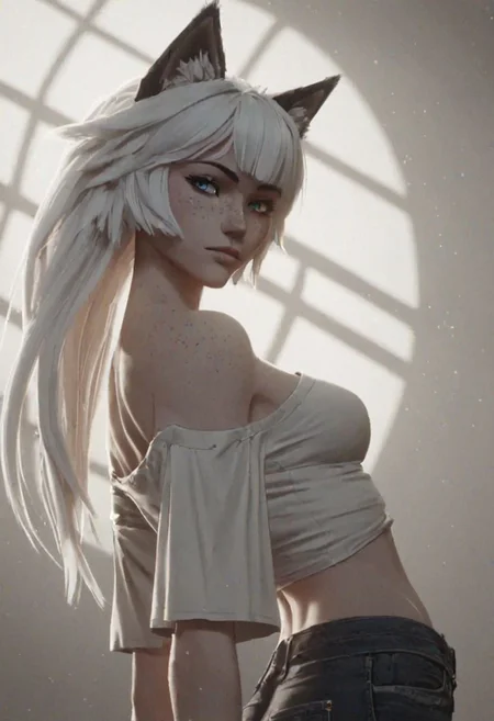 score_9, score_8_up, score_8, volumetric lighting,
1 girl, long white hair, bangs, pale skin, freckles, blue eyes, wolf ears, sexy pose, oversized white shirt, baggy, tucked in, BREAK medium breasts, perfect body, high waisted jeans,