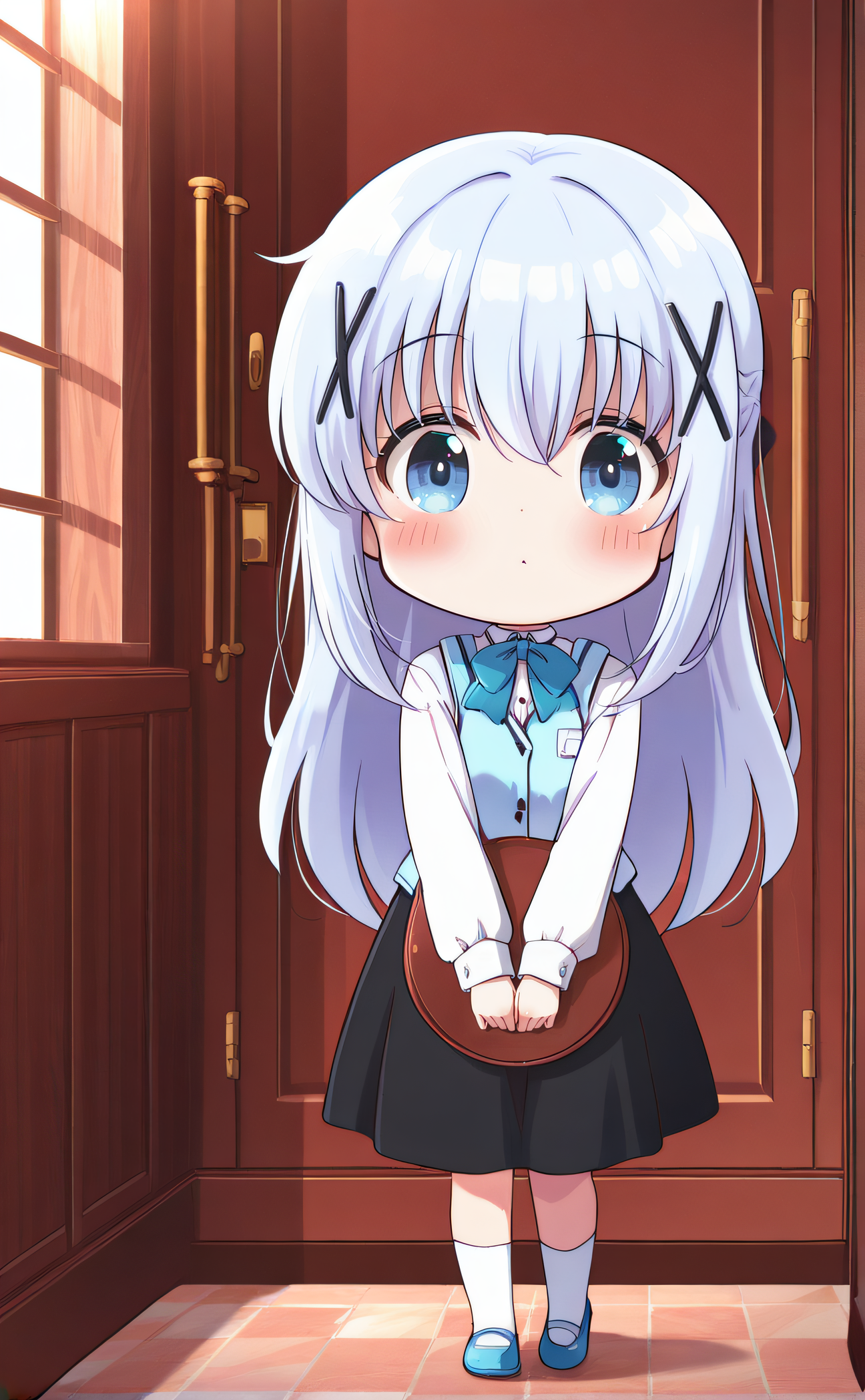 masterpiece, best quality, 1girl, solo, original artstyle, official artstyle, <lora:Chanatsu_Style:1>, chanatsustyle, chibi, blue eyes, blue bowtie, blue footwear, waitress, x hair ornament, black skirt, white socks, long sleeves, white shirt, shoes, vest, blush, bangs, looking at viewer, very long hair, standing, blue vest, hair between eyes, light blue hair