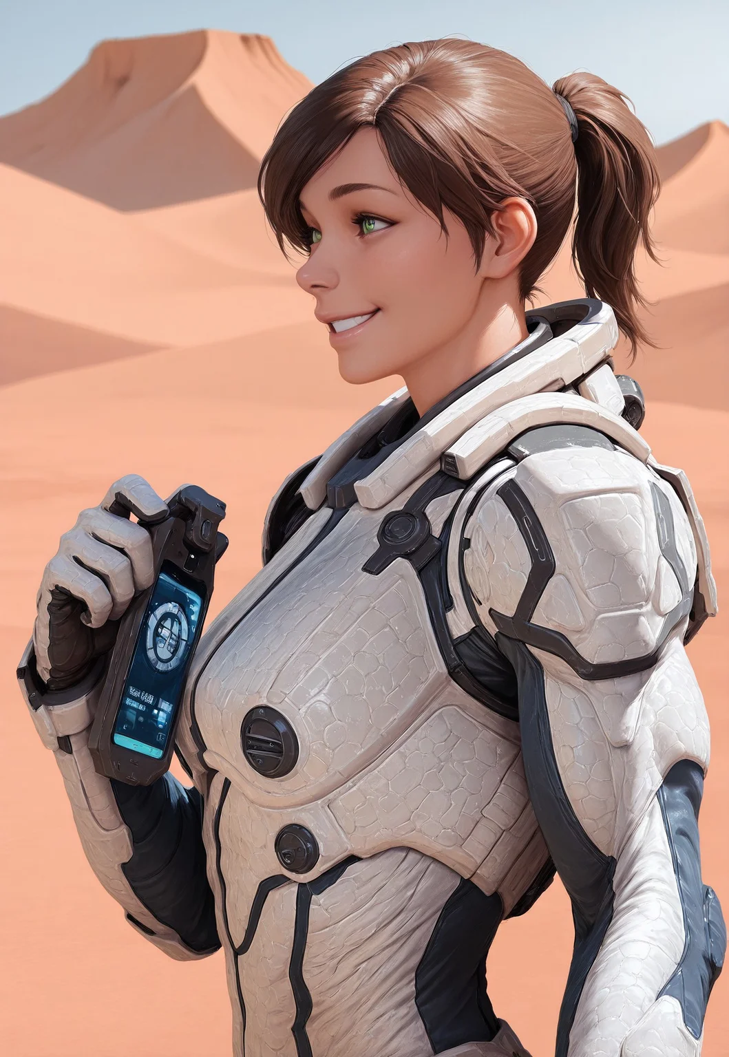 masterpiece, best quality, amazing quality, Smooth Quality, hard lighting, close up, upper body, from front, realistic
detailed Background,
1girl, StrenuaRyder, brown hairs, green eyes, solo, adult, muscular, smiling, side view, jump_suit, white camo armor, holding datapad, smiling, checking informations, outdoor, desert oasis