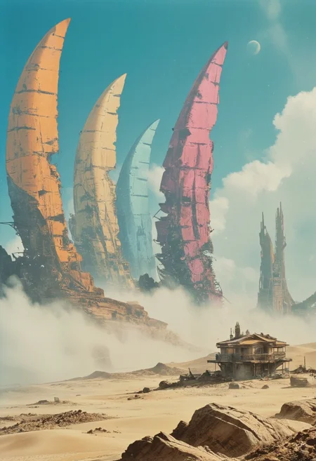 Faded neon colors of the 80s, washed-out pastel tones in spectral hues, combined with dystopian beige and gray. Retro scan of an 80s anime sci-fi book, lofi, grainy, vintage, melancholic yet futuristic.
A digital painting in the style of ck-js: Towering, weathered solar sails rise like colossal skyscrapers into the washed-out sky. Some sails remain taut, shimmering in faded neon hues of pink, cyan, and violet as they desperately capture the last energy of the pale sun. Others hang torn and broken, their jagged edges flapping in a slow, ghostly wind. Below, the barren desert stretches endlessly in cracked beige and muted gray, its fractured surface echoing the desolation of the world.
Among the sails lie abandoned structures: a translucent, gray plastic villa, eroded by sand, and a faintly glowing observation tower emitting soft pastel neon light. The horizon blurs into a swirling haze of dust, with the dim, dystopian sun casting long, harsh shadows across the wasteland. The composition is cinematic, with volumetric lighting, soft shadows, and a subtle film grain that adds to the vintage, otherworldly atmosphere. This hyper-detailed, hyper-realistic scene captures a melancholic beauty, blending faded 80s neon nostalgia with the stark decay of a dystopian future.