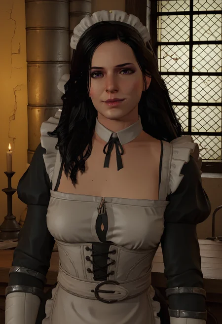 score_9, score_8_up, score_7_up, score_6_up, score_5_up, score_4_up, 1girl, <lora:YenneferDLC:0.95> solo, large breasts, violet eyes, long hair, black hair, mole, mole under mouth, looking at viewer, lips, smile, blush, maid, puffy sleeves, maid headdress, wearing apron,
inn background, fantasy, 3d, render,