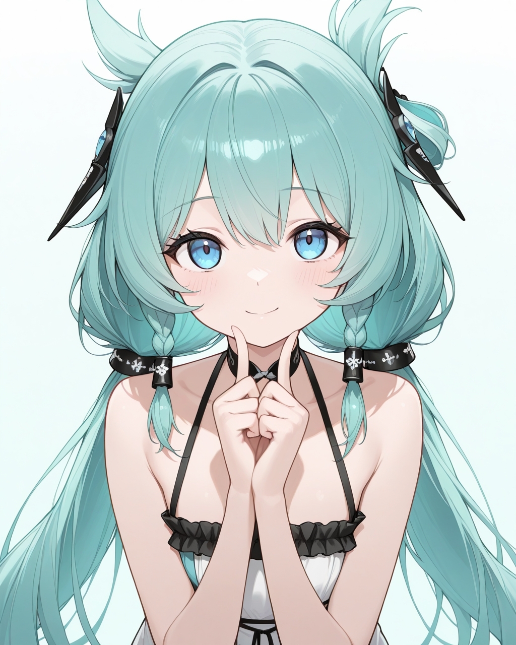 masterpiece, best quality, highres, simple background, looking at viewer, smile,
1girl, osiris the innocence, aqua hair, blue eyes, low twintails, very long hair, hair ornament, sleeveless, 
<lora:osiris_the_innocence_il_v1:1>