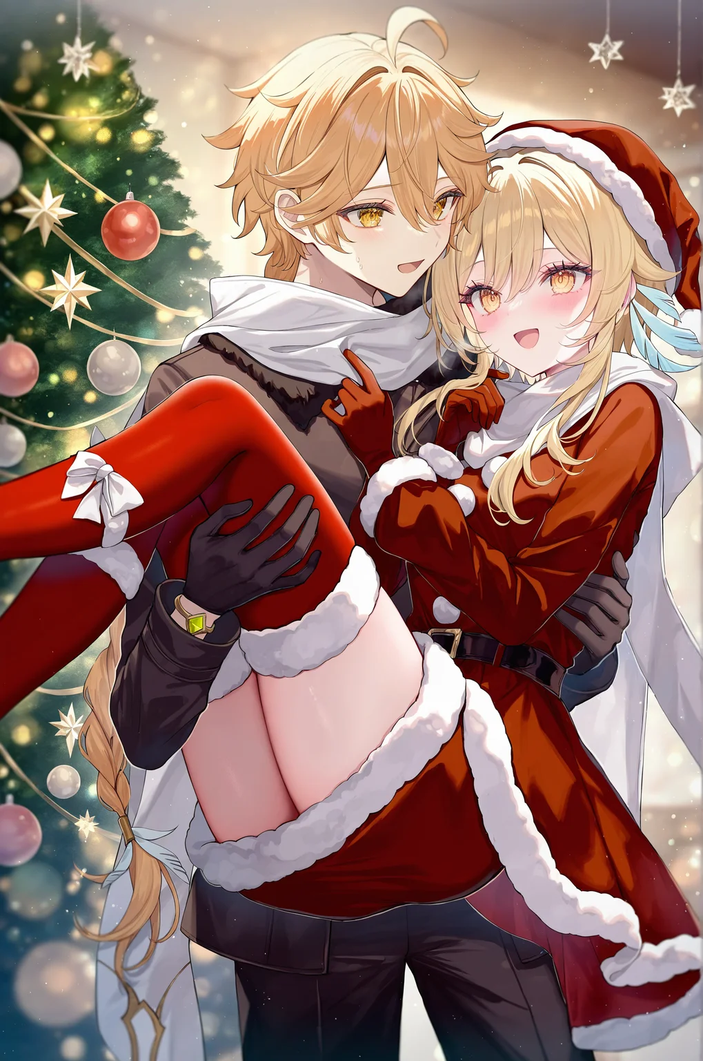 1girl,lumine \(genshin impact\),1girl,santa skirt,(skirt:1.2),thighs,santa costume,fur-trimmed thighhighs,red thighhighs,santa thighhighs,blonde hair,blunt bangs,bracelet,coat,dress,fur-trimmed coat,fur trim,gloves,jewelry,long dress,long hair,long sleeves,looking at another,open mouth,yellow eyes,santa hat,
1boy,aether \(genshin impact\),1boy,blond hair,scarf,santa costume,yellow eyes,
(artist:qianqianjie:1),(artist:rurudo:1),(artist:torino aqua:0.4),(artist:momoko (momopoco):0.7),(artist:umehara sei:1.1),(artist:yuki (yuki no 42):1),(artist:akakura:0.5),(artist:vs0mr:1.1),
christmas tree,christmas ornaments,happy,christmas,princess carry,
best quality,amazing quality,(artist:onineko:0.826446),very aesthetic,