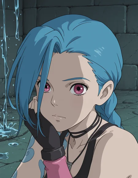 studio_ghibli, portrait, jinx, tanktop, fingerless gloves, stone walls, enclosed space, water drip,