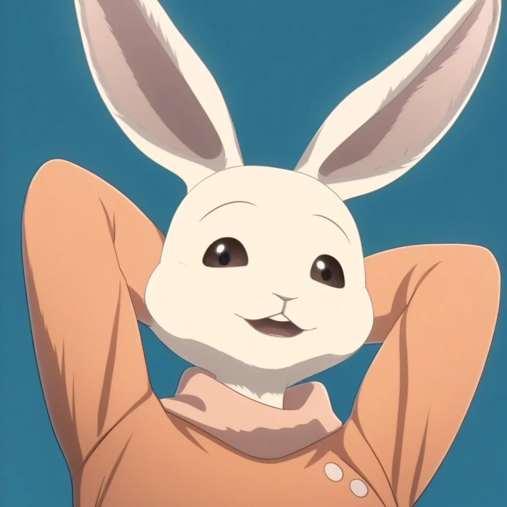 score_9, score_8_up, score_7_up, masterpiece, best quality, highly detailed, realistic, HaruS3, long sleeves, 1girl, solo, furry, anthro, lagomorph, female rabbit, pink inner ear, black eyebrows, thin eyebrows, brown sclera, black eyes, glistening eyes, white body, white fur, clothed, orange shirt, orange topwear, upper body, close-up, hands behind head, open mouth, teeth, smile, looking at viewer, low-angle view, blue background, simple background