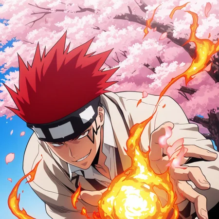 masterpiece, best quality, amazing quality, absurdres, newest, detailed background, definition so sharp, Ultra-HD, 8K cinematic, very awa, impressionate, amazing quality, highres, 
solo, male focus, manly, 
1boy, d0tb_red hair, d0tb_brown eyes, d0tb, spiked hair, facial tattoo, headband, pyrokinesis, fire magic,
dynamic pose, mid-action, playful smirk, wind blowing hair, cherry blossoms, daytime, cool colors, energetic, agile, hot-blooded, cheeky