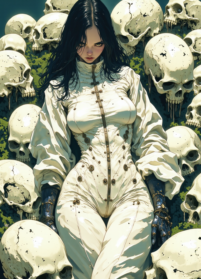 a sensuous woman wearing sexy hazmat suit surrounded by a pile of human skulls. The woman's alluring gaze and sensual pose convey a sense of cold, calculated evil. The sculls are ancient, covered in moss and goo.  The juxtaposition of the organic human skulls with sexy pose of the woman emphasizes the deadly impact of beauty and femme fatale.   The overall atmosphere is one of dread and impending doom, reflecting the iconic horror and sci-fi themes.  anime_martz, anime_source, DB4RZ, DB4RZ style painting, anime, cyberpunk