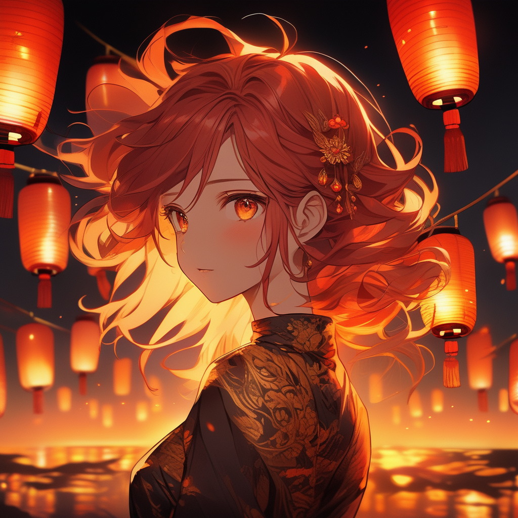 1girl, fiery amber eyes, wild crimson hair, sunset backdrop, golden hour glow, silhouette effect, fantasy elements, floating lanterns, detailed embroidery on dress, anime style, evocative expression, contrasting shadows, masterpiece, best quality, top-rated on ArtStation
