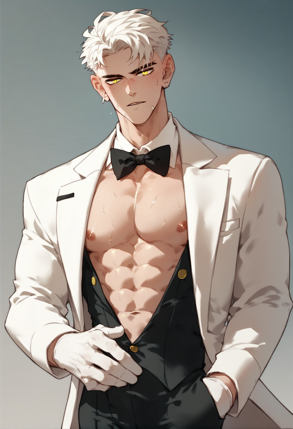 <lora:lymssAKB:0.7>,lymss,solo,1boy,white hair,yellow eyes,short hair,tuxedo,upper_body,bara,, score_9,score_8_up,score_7_up,score_6_up,rating_explicit