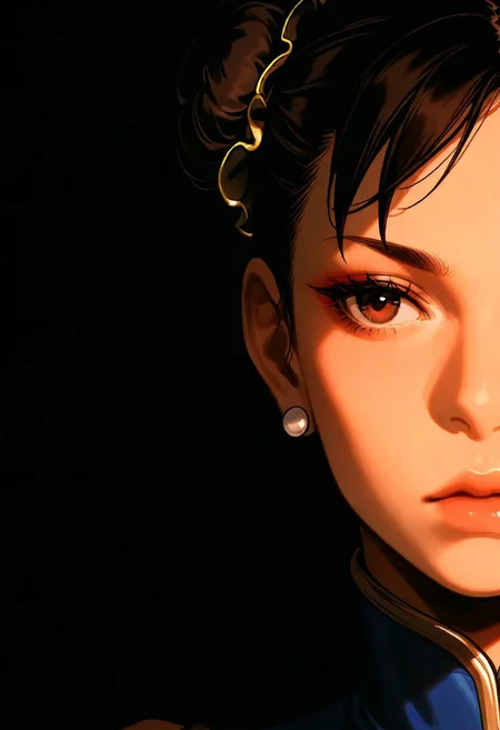 1girl, chun li,  solo, dark,  masterpiece, best quality, very aesthetic,  close up,  hair bun