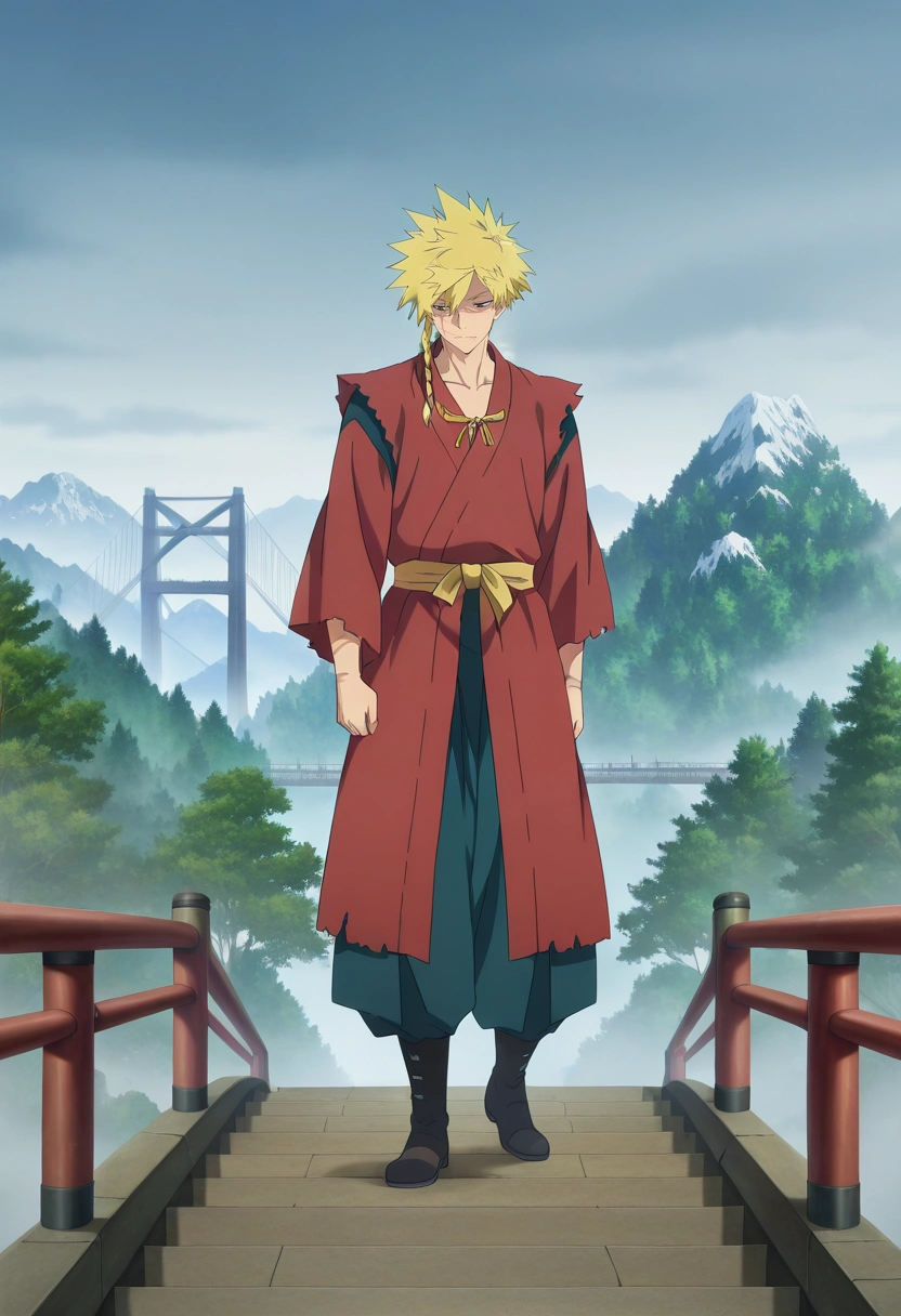 masterpiece, best quality, , anime screencap, anime coloring, official style, , 1boy, solo, male focus, <lora:choubei_aza_ilxl:0.9>, choubei_aza, blonde hair, brown eyes, long hair, braid, spiked hair, scar, scar on face, , suspension bridge, fog, tree, mountain, crossing bridge, dawn, careful steps, looking down,