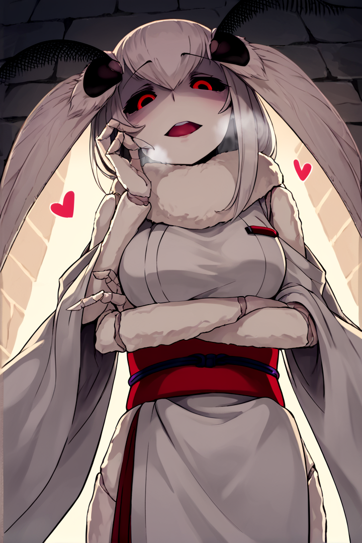 score_9, score_8_up, score_7_up, source_anime,  mashiro, red eyes, extra arms, joints, black sclera, contrapposto, white scales, white kimono, wide sleeves, red sash, obi, side slit, close-up, medium breasts, hips, 4 arms, 3 fingers,
BREAK upper body, dark, looking down, eerie, shaded face, from below, looking down, heavy breathing, steam, steaming body, glowing eyes,
BREAK hands on own cheek, crossed arms, :d, dark lighting, stone walls, brick wall, upper teeth, half-closed eyes, dutch angle, floating hearts, <3, mature female, chiaroscuro
<lora:mashiro-step00003600:1>