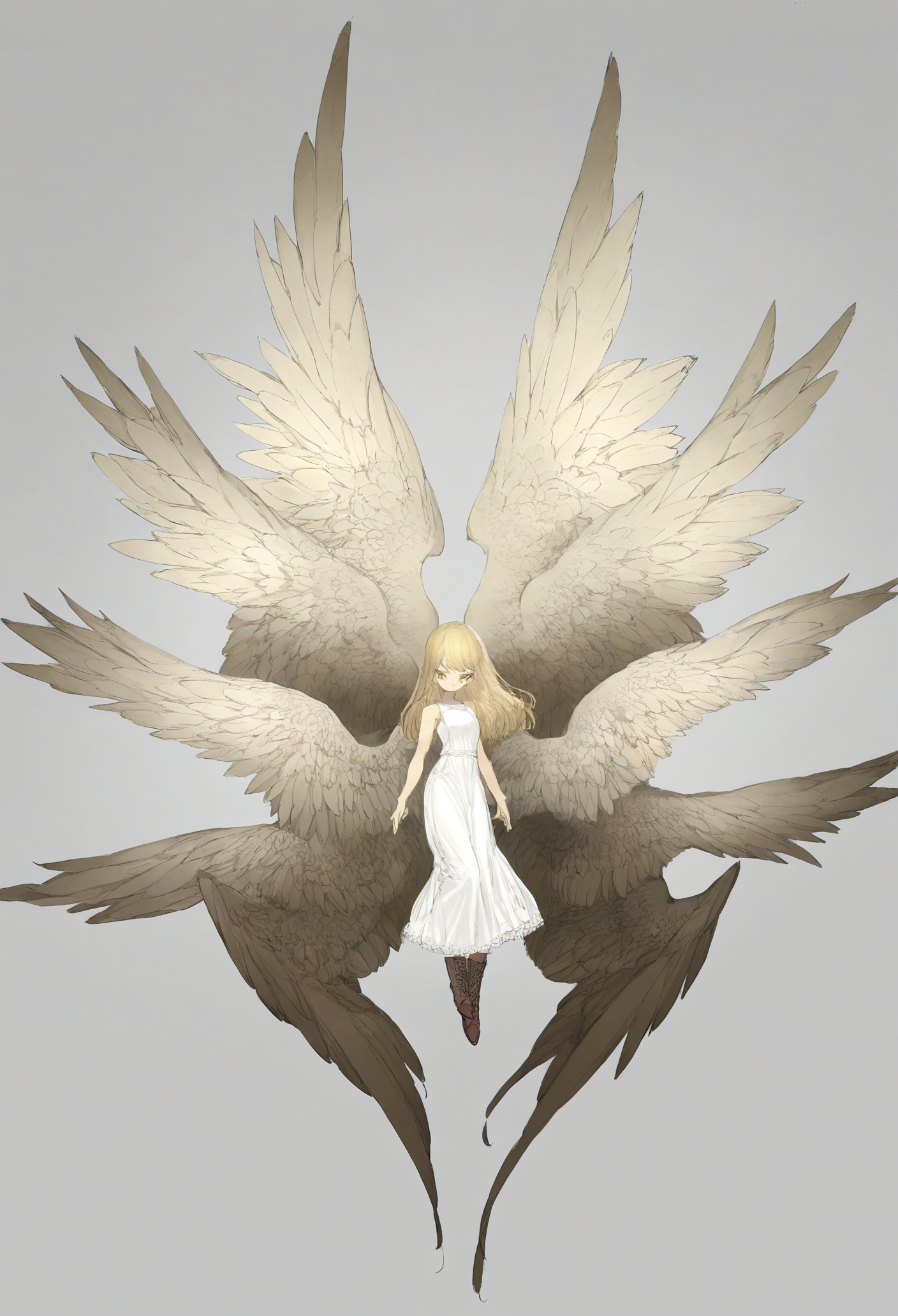 1girl, solo, wings, dress, multiple wings, blonde hair, white dress, feathered wings, boots, white background, simple background, looking at viewer, sleeveless, long hair, brown footwear, full body, yellow eyes, bare shoulders 
,masterpiece,best quality,very aesthetic,absurdres,
<lora:åºæ°´fornoob:0.95>