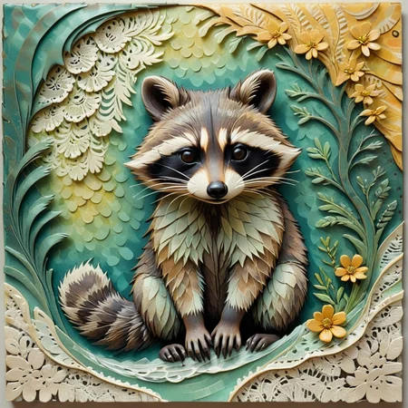 female animal print, raccoon, radiant, chalk, lace, folk art style, Contrast Layers, spring tones, wave pattern, pixelated effect, gloss finish accents, organic overlap, patinated metal texture, polished finish <lora:artfully_ETHEREAL-GEOMETRIC-FLORAL-FUSION:1>,