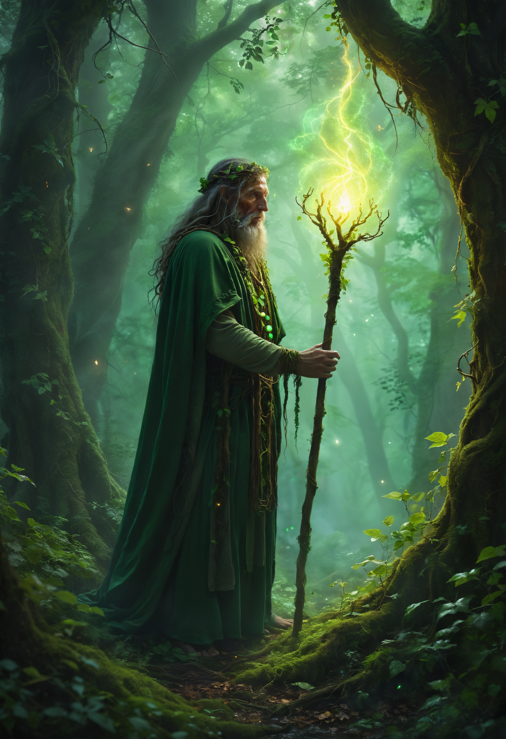 Deep within a mystical forest, a druid channels the forces of nature. Leaves and vines swirl around them as they commune with ancient spirits, their staff glowing with ethereal energy. The balance of life and magic hangs in the air
<lora:add-detail-xl:0.5> <lora:xl_more_art-full_v1:0.5>