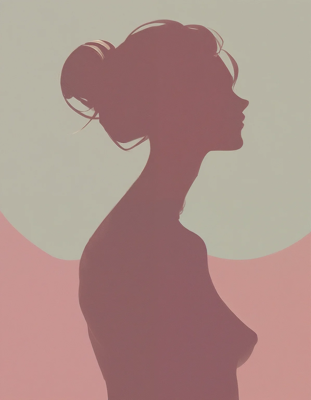 score_9_up, score_8_up, score_7_up, score_6_up, score_5_up, score_4_up, minimalistic, flat color, no lineart, 1girl, side view, silhouette, hair bun, perfect body, nude, naked, hard nipple, simple colorful background