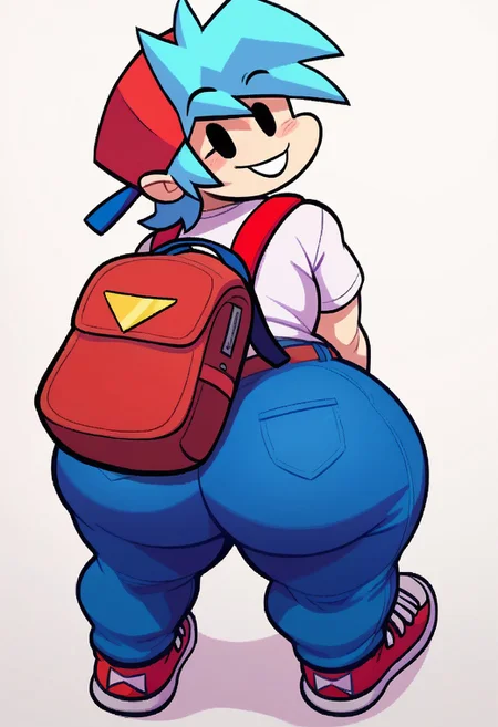 zPDXL3, <lora:Boyfriend:0.8>, boyfriend_fnf, 1boy, solo, twink, thick thighs, wide hips, large thighs, bottom heavy, blue hair, red hat, white shirt, blue jeans, black eyes, sexy pose, backpack, smile, thick thighs, thick hips, simple background, huge ass, super close up, high angle view, three-quarter view, rear view, side view, looking back at view, white background, human, sneakers, <lora:KrekkovLycoXLV2:1.1>