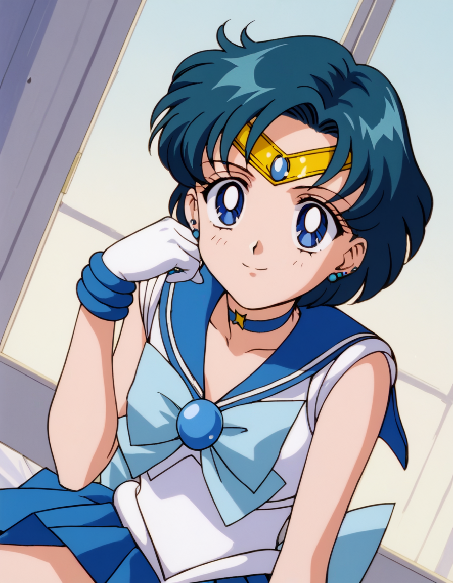 score_9, score_8_up, score_7_up, source_anime, <lora:ami-mizuno-supers-movie-ponyxl-lora-nochekaiser:1>, ami mizuno, blue eyes, blue hair, short hair, parted bangs,, back bow, blue bow, blue choker, blue sailor collar, blue skirt, bow, choker, earrings, gloves, jewelry, magical girl, miniskirt, pleated skirt, sailor collar, sailor senshi uniform, skirt, stud earrings, tiara, sleeveless,, indoors, smile, looking at viewer, solo, sitting, head rest,, cowboy shot, dutch angle
