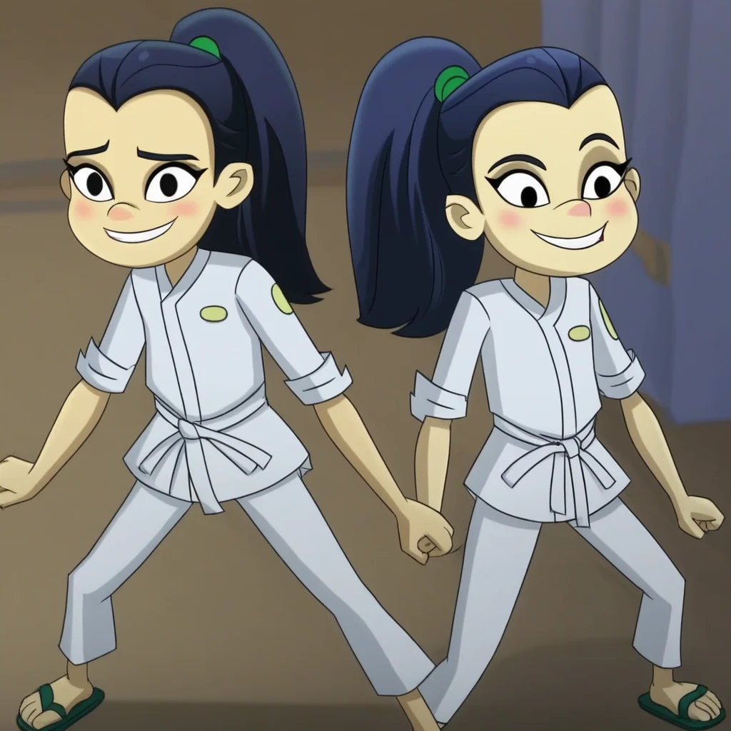 smile, Lexi_GT, pale skin, black eyebrows, green hair band, full body, black eyes, ponytail, dark blue hair, in a bedroom, white karate belt, sandals, expressive eyes, standing, Karateka outfit, Blushing, 1girl
