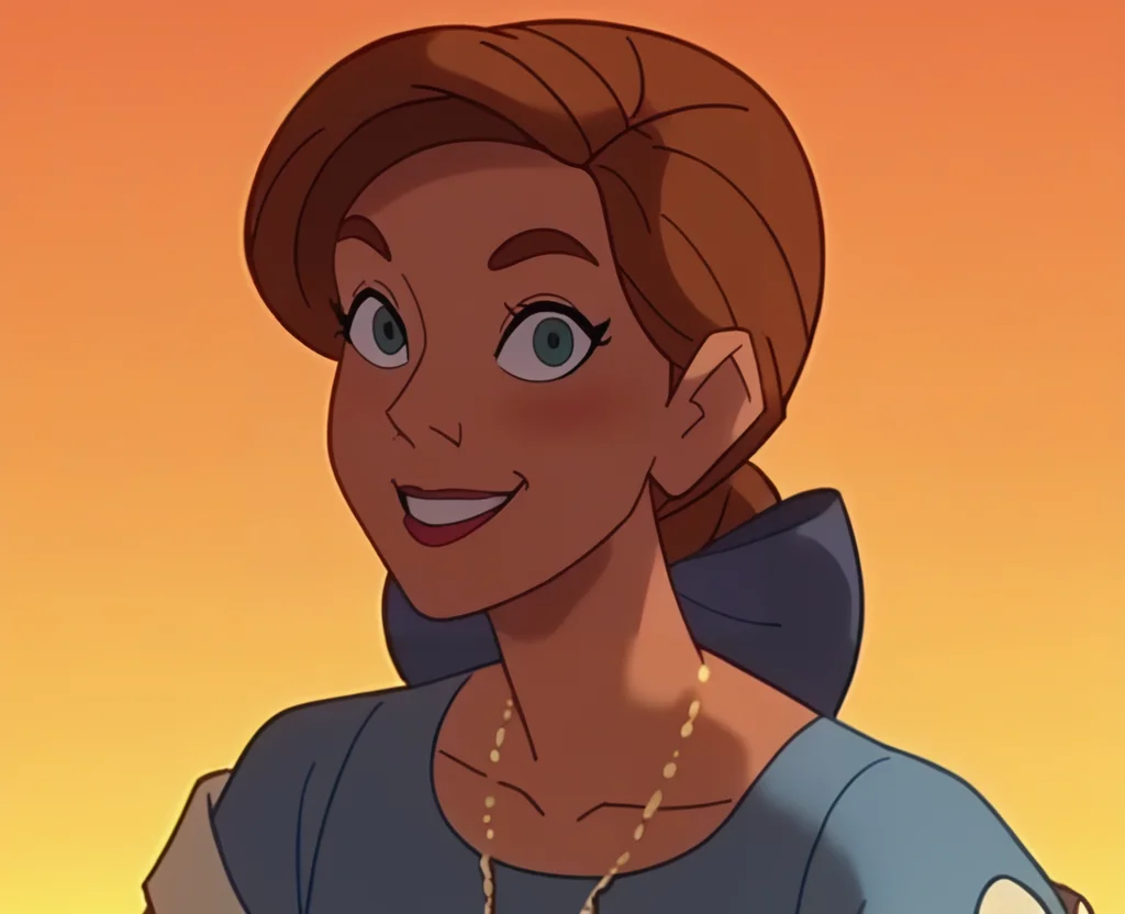 score_9, score_8_up, score_7_up, score_6_up, score_5_up, score_4_up, anime screencap, anime coloring, source_cartoon, <lora:Anastasia_Full-000007:1> ,tdre, brown hair, blue dress, aqua eyes, short sleeves, earrings, necklace, bow, portrait, smile, looking at viewer,