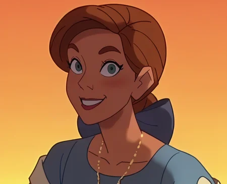 score_9, score_8_up, score_7_up, score_6_up, score_5_up, score_4_up, anime screencap, anime coloring, source_cartoon,  <lora:Anastasia_Full-000007:1> ,tdre, brown hair, blue dress, aqua eyes, short sleeves, earrings, necklace, bow, portrait, smile, looking at viewer,