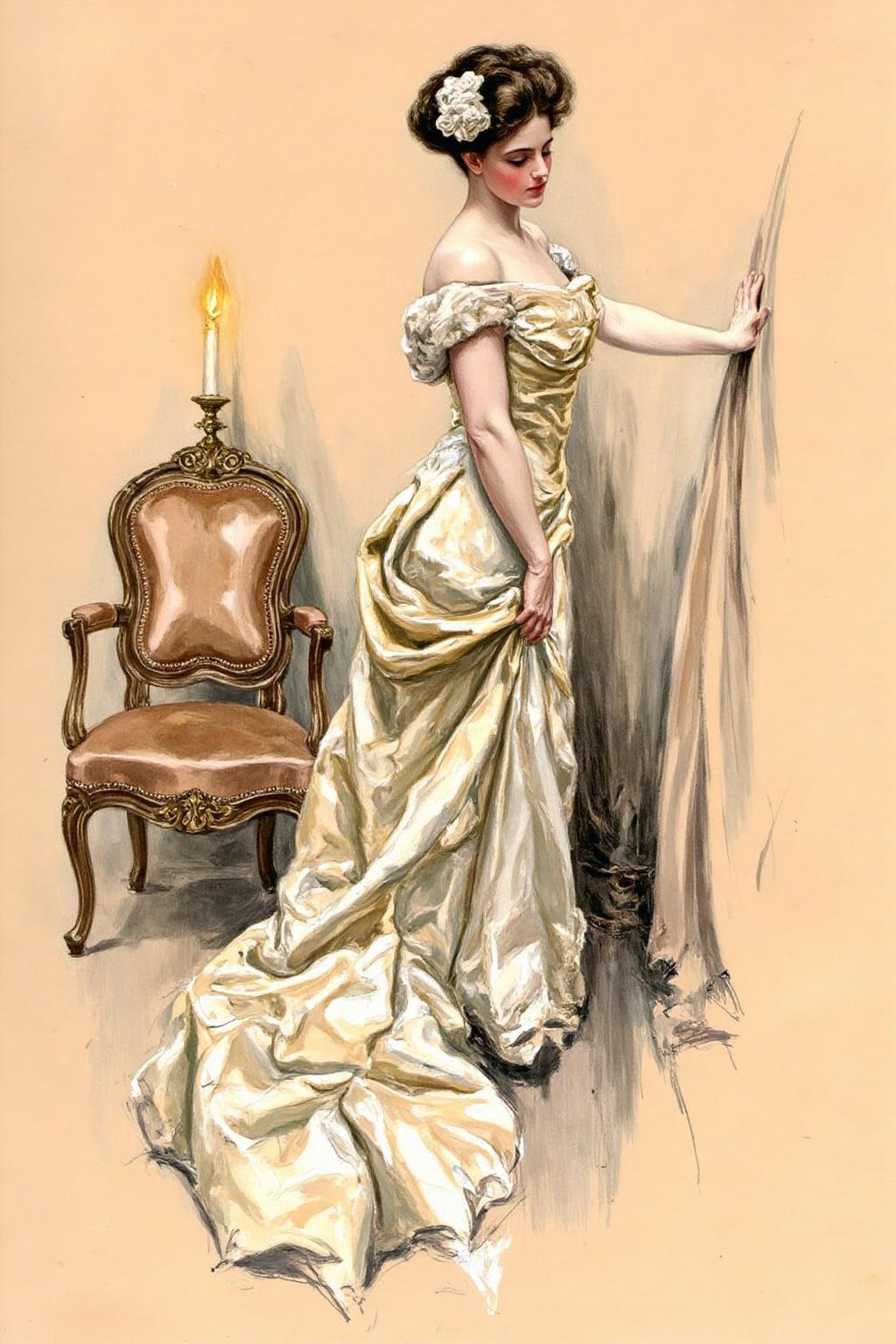 hafisher1 illustration. 
Side view of a slender woman with dark, curly hair styled in an elegant updo adorned with a white flower. She is turning her head, looking down at her elaborate evening gown with long skirt. Her hand is resting on a curtain on the right. On the left there is a antique chair with a burning candle on it.
 <lora:hafisher1_cap_d6a3e12:1.0><lora:829845182892720919:0>
