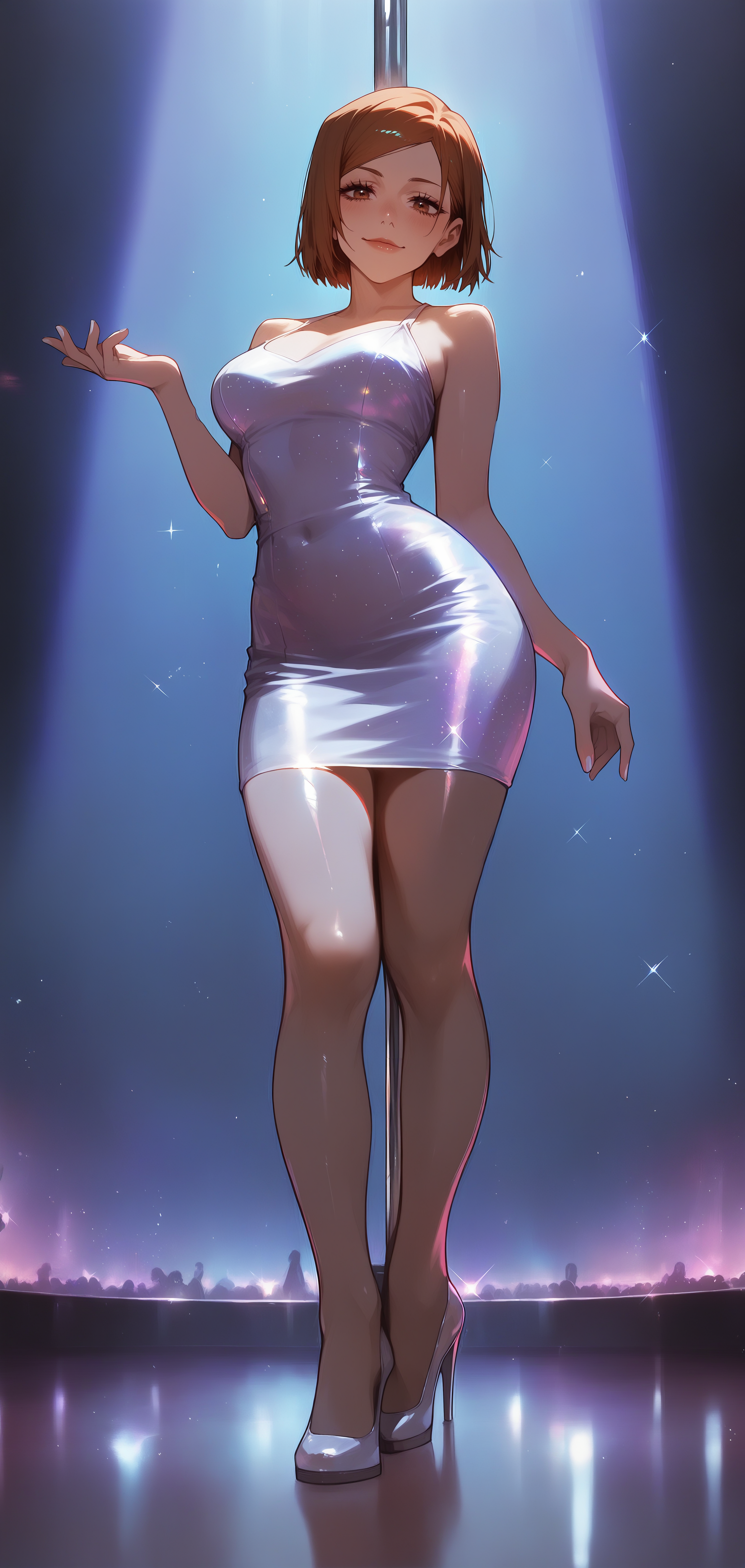 1girl, kugisaki nobara, jujutsu kaisen, sensitive, podium, stripper pole, pencil dress, solo focus, looking at viewer, white dress, glitter dress, shiny, white footwear, high heels, hand up, light smile, masterpiece, best quality, very awa, newest, <lora:ponyv5_noobV065S_1_adamW-000013:1.00>