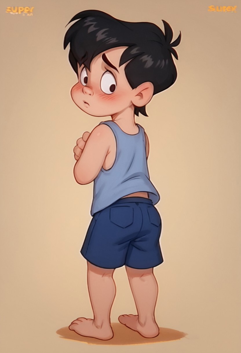 score_9, score_8_up, score_7_up, score_6_up, 1boy, solo, male, Neddiehugson, 1boy, solo,  black hair, short hair, black eyes, thin body, thin face, short stature, cute boy, blushing, shy, tank top, shorts, barefoot, from behind, looking back