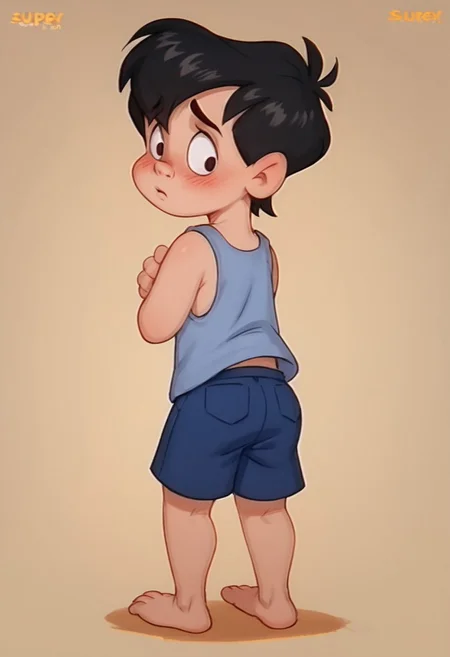 score_9, score_8_up, score_7_up, score_6_up, 1boy, solo, male, Neddiehugson, 1boy, solo,  black hair, short hair, black eyes, thin body, thin face, short stature, cute boy, blushing, shy, tank top, shorts, barefoot, from behind, looking back