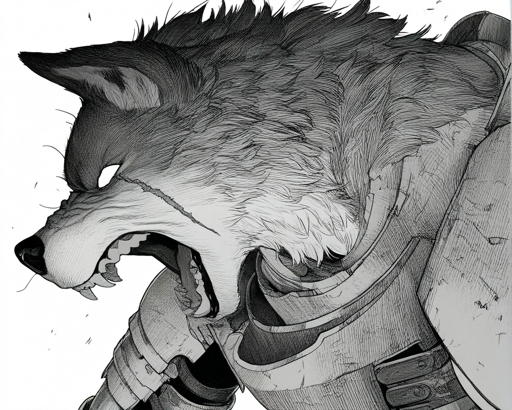 monochrome,1boy,male focus,greyscale,solo,teeth,clenched teeth,angry,portrait,scar,simple background,white background,traditional media,armor,hatching (texture),open mouth,scar on face,graphite (medium),blank eyes,close-up,upper body,
wolf boy,1boy,furry male,wolf ears,solo,white fur,black fur,two tune fur,
(((masterpiece, best quality, amazing quality, very aesthetic,highres, absurdres))),newest,very awa,highres,
<lora:lookback-noob10-v2-000030:1.1>,