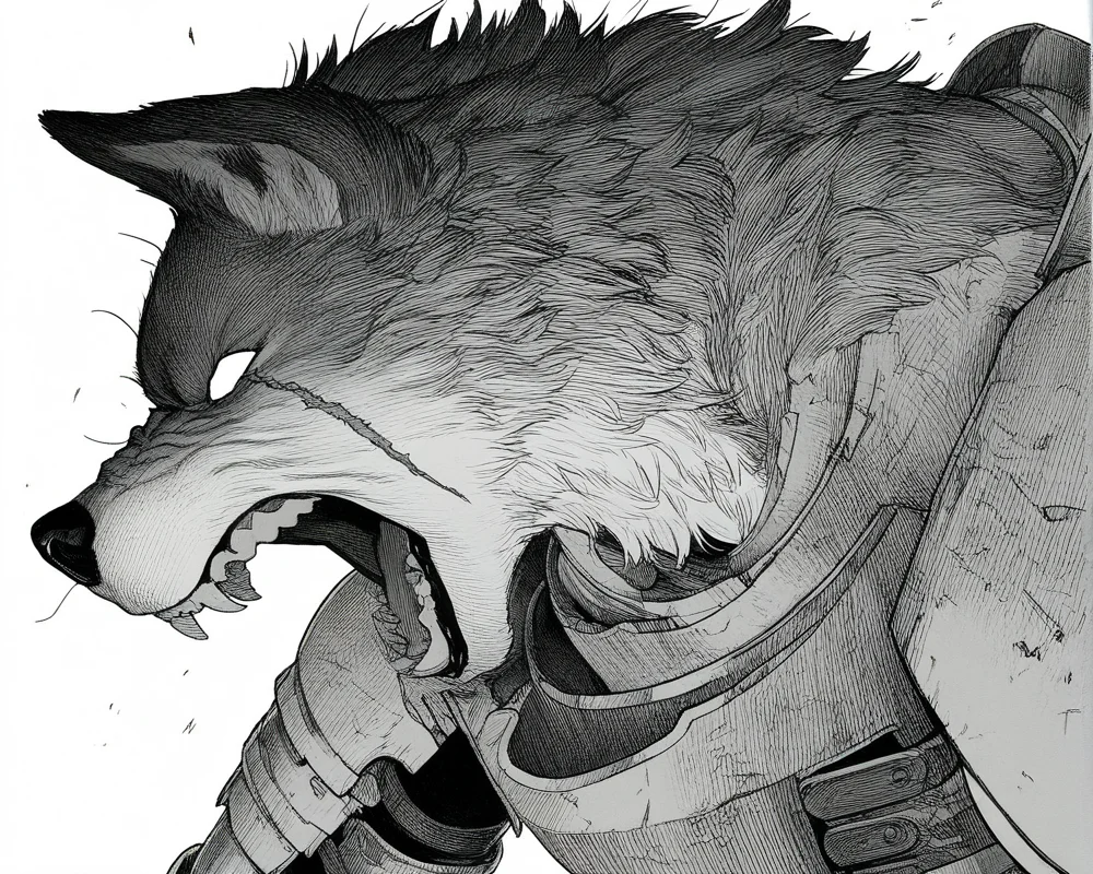 monochrome,1boy,male focus,greyscale,solo,teeth,clenched teeth,angry,portrait,scar,simple background,white background,traditional media,armor,hatching (texture),open mouth,scar on face,graphite (medium),blank eyes,close-up,upper body,
wolf boy,1boy,furry male,wolf ears,solo,white fur,black fur,two tune fur,
(((masterpiece, best quality, amazing quality, very aesthetic,highres, absurdres))),newest,very awa,highres,
<lora:lookback-noob10-v2-000030:1.1>,
