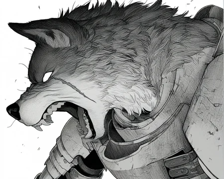 monochrome,1boy,male focus,greyscale,solo,teeth,clenched teeth,angry,portrait,scar,simple background,white background,traditional media,armor,hatching (texture),open mouth,scar on face,graphite (medium),blank eyes,close-up,upper body,
wolf boy,1boy,furry male,wolf ears,solo,white fur,black fur,two tune fur,
(((masterpiece, best quality, amazing quality, very aesthetic,highres, absurdres))),newest,very awa,highres,
<lora:lookback-noob10-v2-000030:1.1>,