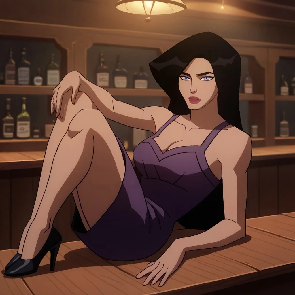 safe_pos, score_9, score_8_up, score_7_up, 1girl, solo, long hair, blue eyes, black hair, lipstick, cleavage, purple dress, cleavage, indoors, bar, looking at the viewer, sexy, flirting, seductive, sexy pose, Wonder Woman (2009), sitting legs crossed, black high heels