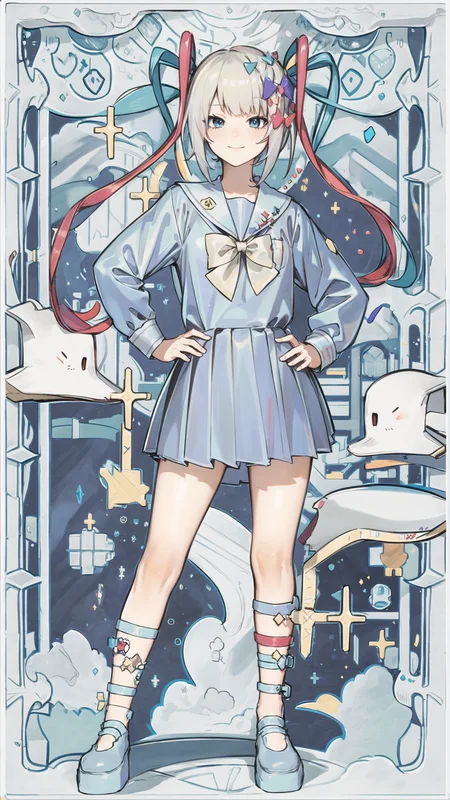 masterpiece, best quality, 1girl, solo, smile,  <lora:kangelNeedyGirl_v10:1>, school uniform, computer, cyberpunk, skyscraper, streamer, hand on hip, <lora:animetarotV2-000002:0.8>, tarot
