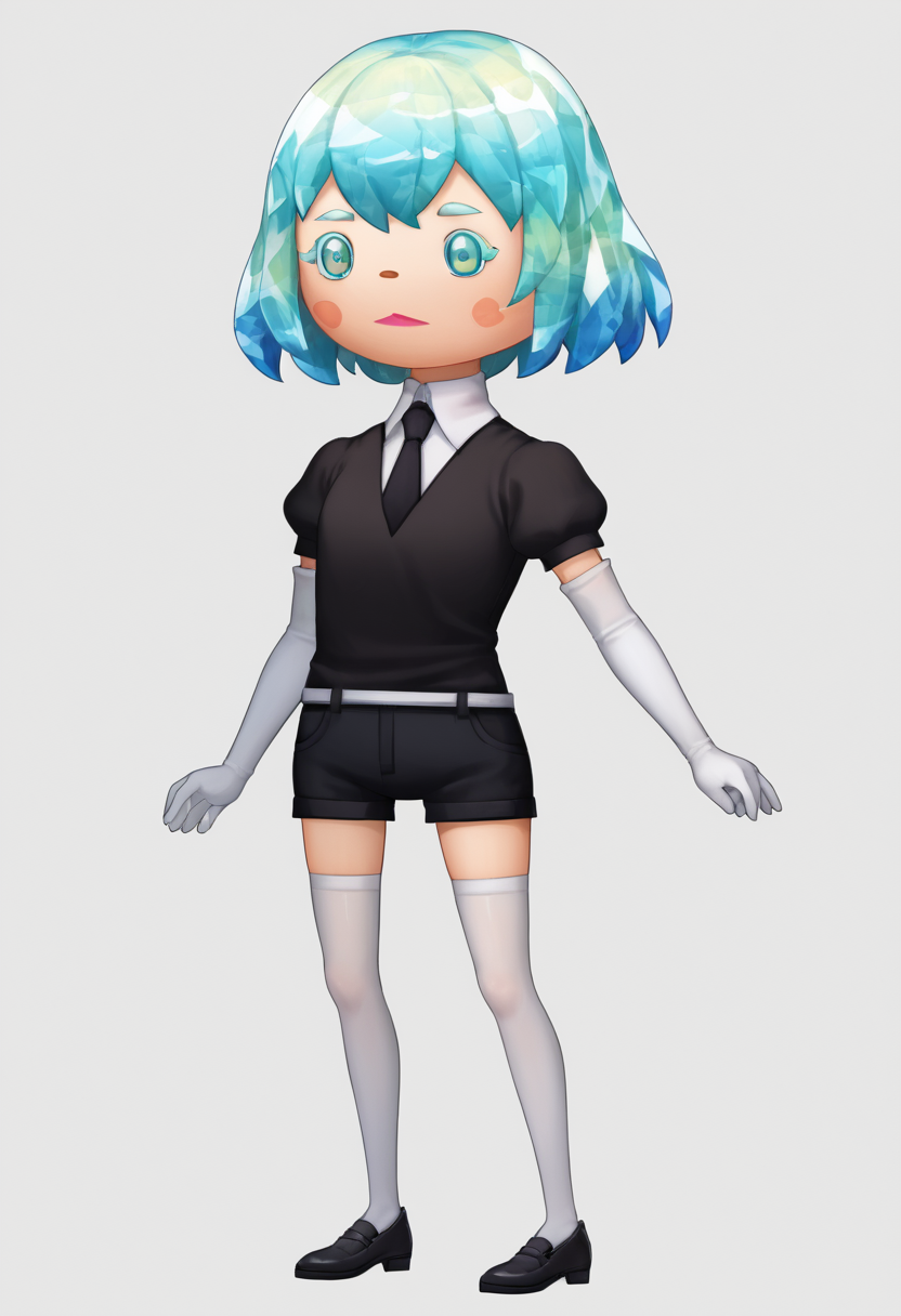 score_9, score_8_up, score_7_up, source_anime, theatrhythmstyle, chibi, simple background, white background, full body, solo, 1girl, hskdmnd, crystal hair, colored eyelashes, multicolored hair, short hair, black shirt, puffy short sleeves, collared shirt, black necktie, elbow gloves, white gloves, black shorts, white thighhighs, black footwear <lora:zs_TheatrhythmStyleXL_1:1> <lora:Hoseki_HousekiNoKuni_Diamond_PDXL_v1:1>