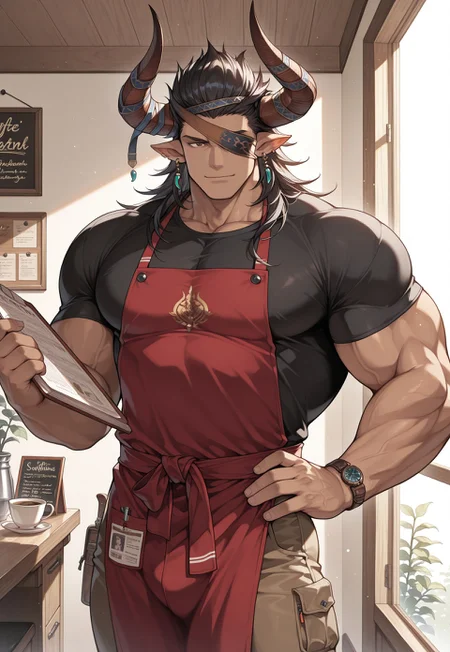 masterpiece, best quality, newest, extreme detail description, amazing quality, 1boy, solo, muscular male, large pectorals, R3in_gbf, horns, brown eye, eyepatch, long hair, black hair, jewelry, horns, black shirt, tight shirt, red apron, brown pants, holding menu, hand on hip, light smile, cafe, light filtering through the window,