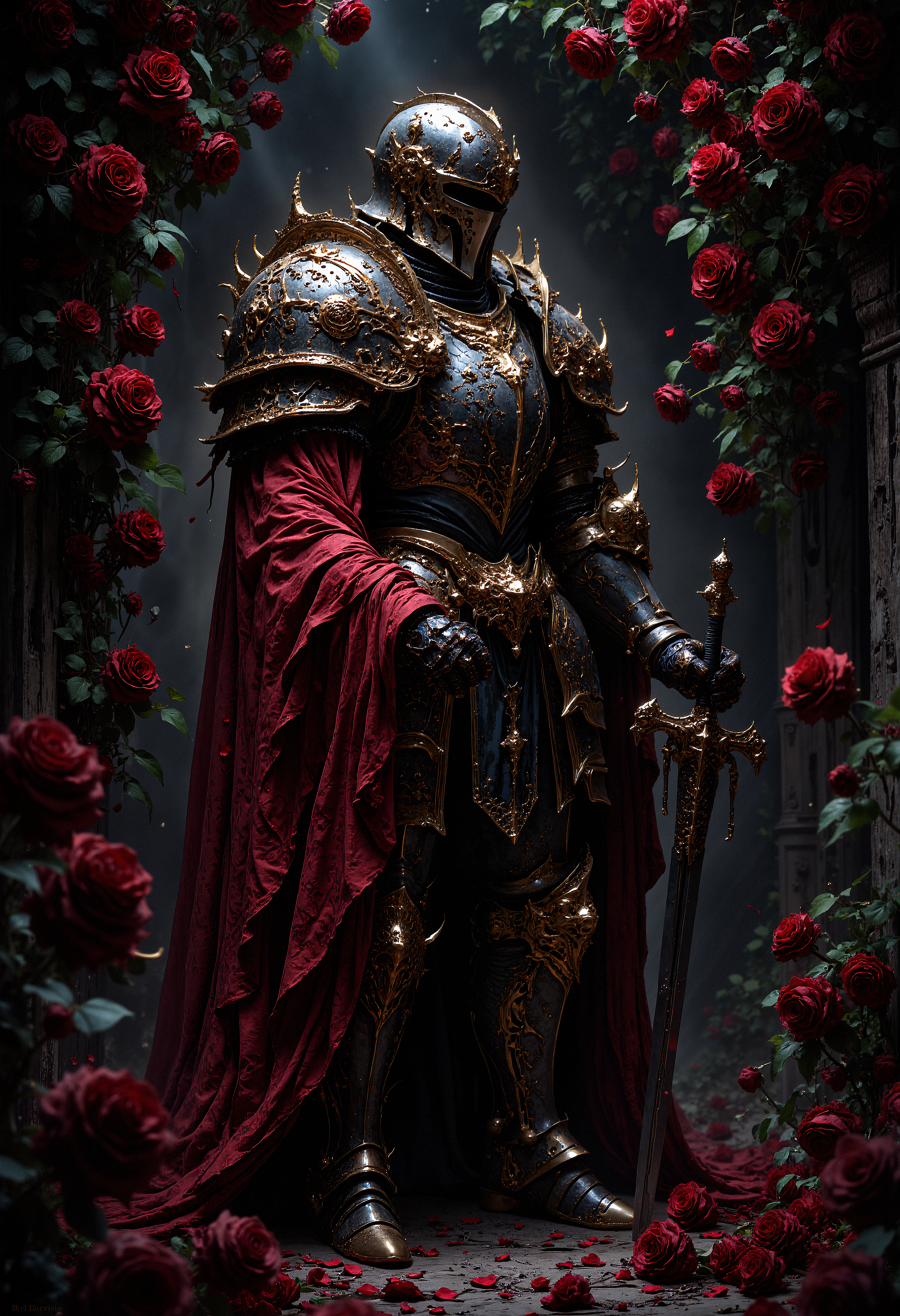 Medieval knight in full plate armor, standing in a side profile, covered with intricate ornate patterns, wearing a red tattered cloak, chainmail visible underneath, holding a sword by the hilt, dark and aged steel with gold accents, helmet with narrow eye slits, surrounded by deep red roses and green leaves, petals gently falling, dramatic shadows, dark and mysterious atmosphere, detailed texture of armor and cloak, moody and cinematic lighting, framed by a wall overgrown with roses.  <lora:FluxMythP0rtr4itStyle:0.8> MythP0rt,  <lora:flux_vividizer:0.5> <lora:FredFraiStyle-FLUX-Share:0.6>